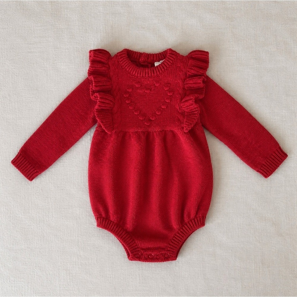 Nordstrom Knit Bubble Sweater Onesie Romper Ruffle Heart 6 Months Red Holiday